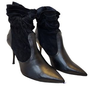 Browns black leather+suede ruffled ankle pointed toe stiletto booties Size 8